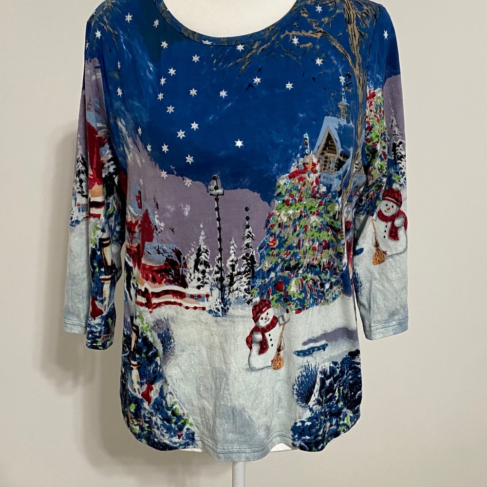 Dusky Blue Sequin Snowman and Christmas Tree T Shirt